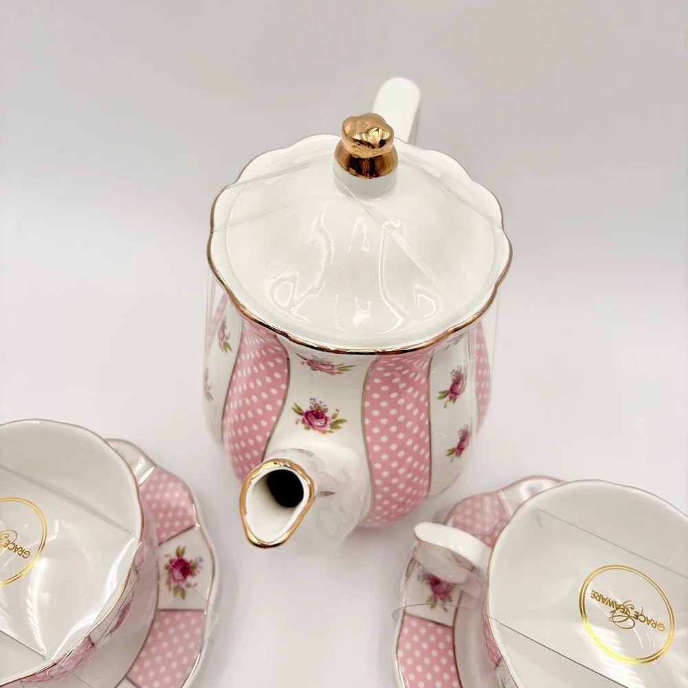 Grace Teaware Pink‎ Polka Dot Rose Floral Porcelain Teapot and 2 Cup Saucer Set